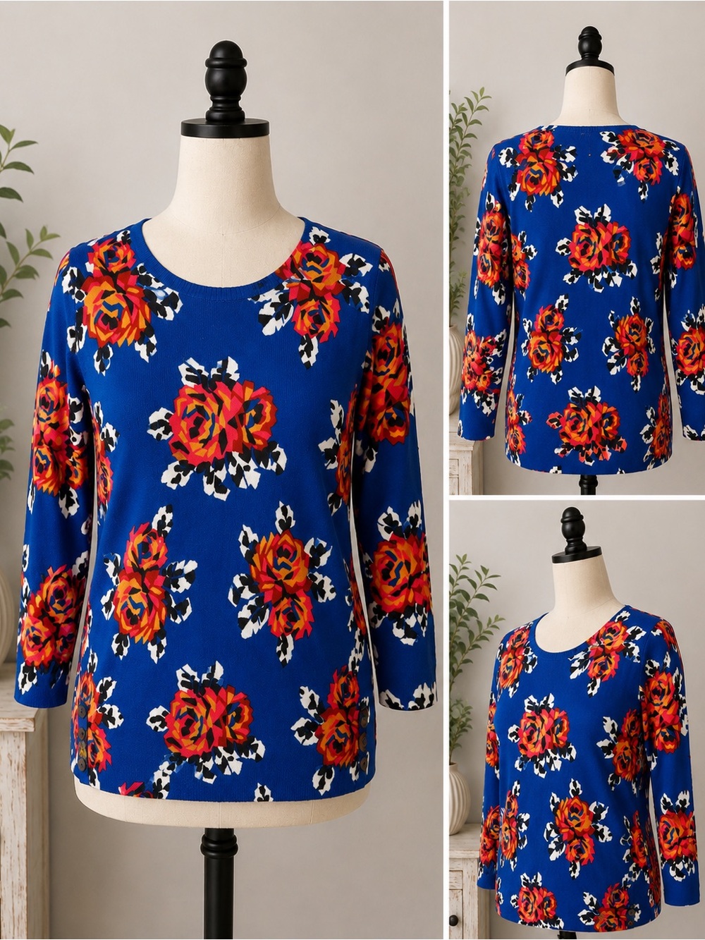 Lands’ End Canvas Blue Floral Sweater Women’s Medium Button Hem Pullover